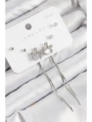 Pirinç Zirkon Taşlı Sallantılı Fiyonk Model Gümüş Renk 925 Ayar Gümüş Çivi Kadın Küpe Set