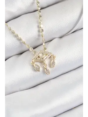 Pirinç Zirkon Taşlı Sallantılı Göz Model Ezme Zincir Gold Renk Kadın Kolye