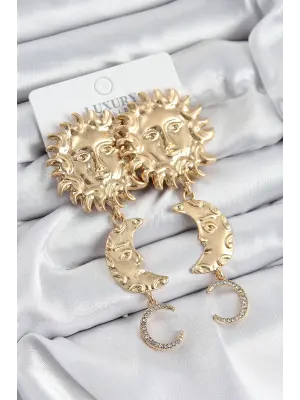 Pirinç Zirkon Taşlı Sallantılı Güneş Model Gold Renk Kadın Küpe