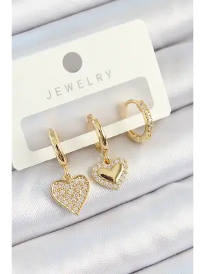 Pirinç Zirkon Taşlı Sallantılı Kalp Model Gold Renk 3lü Çift Kadın Küpe Set