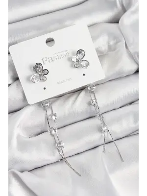 Pirinç Zirkon Taşlı Sallantılı Kelebek Model Gümüş Renk 925 Ayar Gümüş Çivi Kadın Küpe