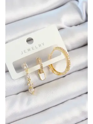 Pirinç Zirkon Taşlı Sallantılı Model Gold Renk 3lü Çift Kadın Küpe Set