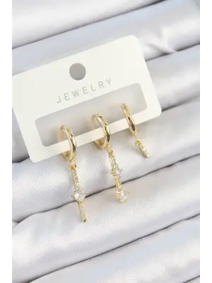 Pirinç Zirkon Taşlı Sallantılı Model Gold Renk 3lü Çift Kadın Küpe Set