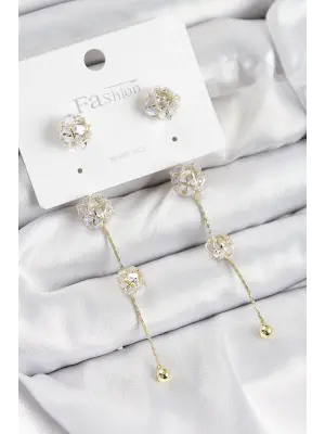 Pirinç Zirkon Taşlı Sallantılı  Model Gold Renk 925 Ayar Gümüş Çivi Kadın Küpe