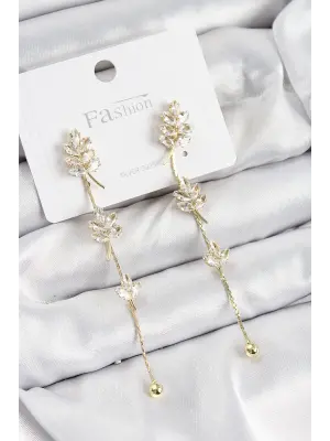 Pirinç Zirkon Taşlı Sallantılı  Model Gold Renk 925 Ayar Gümüş Çivi Kadın Küpe