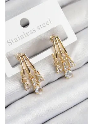 Pirinç Zirkon Taşlı Sallantılı Model Gold Renk Kadın Küpe