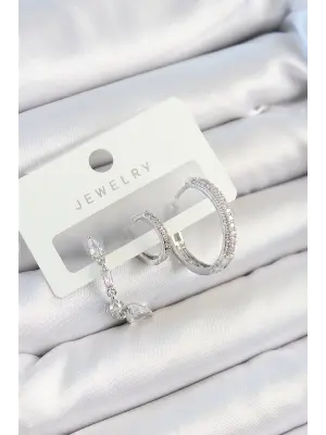 Pirinç Zirkon Taşlı Sallantılı Model Gümüş Renk 3lü Çift Kadın Küpe Set