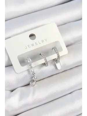 Pirinç Zirkon Taşlı Sallantılı Model Gümüş Renk 3lü Çift Kadın Küpe Set