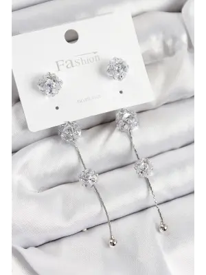 Pirinç Zirkon Taşlı Sallantılı  Model Gümüş Renk 925 Ayar Gümüş Çivi Kadın Küpe