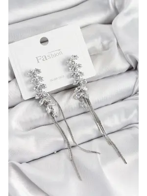 Pirinç Zirkon Taşlı Sallantılı Model Gümüş Renk 925 Ayar Gümüş Çivi Kadın Küpe