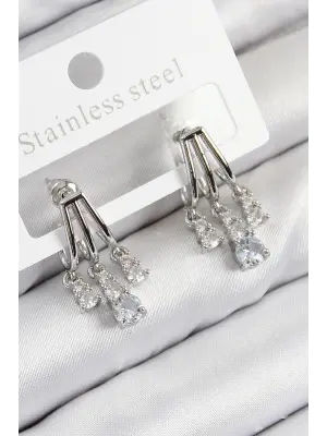 Pirinç Zirkon Taşlı Sallantılı Model Gümüş Renk Kadın Küpe