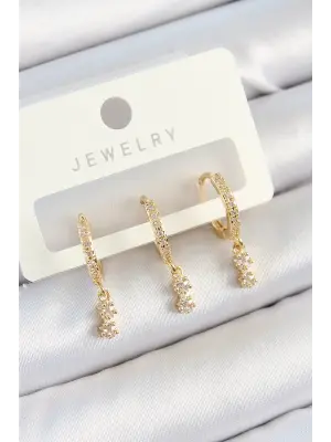 Pirinç Zirkon Taşlı Sallantılı Yıldız Model Gold Renk 3lü Çift Kadın Küpe Set