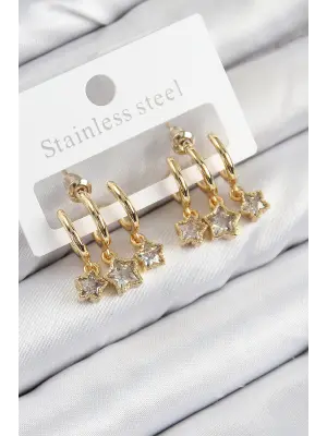 Pirinç Zirkon Taşlı Sallantılı Yıldız Model Gold Renk Kadın Küpe