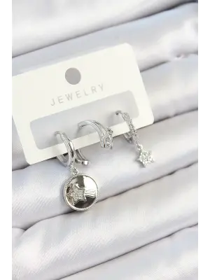 Pirinç Zirkon Taşlı Sallantılı Yıldız Model Gümüş Renk 3lü Çift Kadın Küpe Set