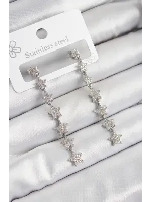 Pirinç Zirkon Taşlı Sallantılı Yıldız Model Gümüş Renk Kadın Küpe