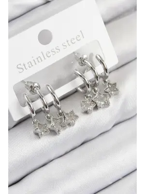 Pirinç Zirkon Taşlı Sallantılı Yıldız Model Gümüş Renk Kadın Küpe