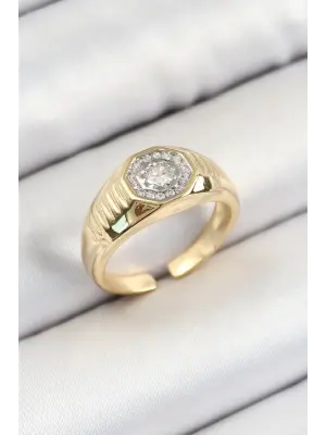 Pirinç Zirkon Taşlı Sekizgen Model Gold Renk Kadın Yüzük