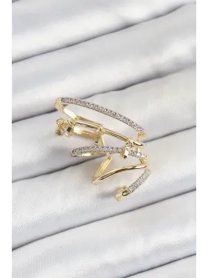 Pirinç Zirkon Taşlı Sıkıştırma Sağ Kıkırdak Gold Renk Kadın Küpe