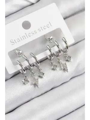 Pirinç Zirkon Taşlı Şimşek Model Gümüş Renk Kadın Küpe