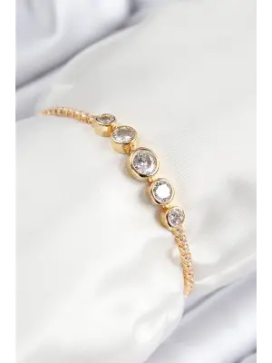 Pirinç Zirkon Taşlı Sıralı Daire Model Gold Renk Asansörlü Kadın Bileklik