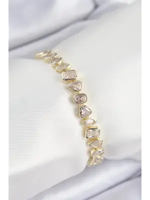 Pirinç Zirkon Taşlı Sıralı Damla Kalp Ve Dikdörtgen Model Gold Renk Kadın Bileklik