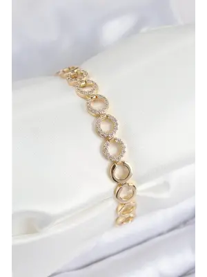 Pirinç Zirkon Taşlı Sıralı Halka Model Gold Renk Kadın Bileklik
