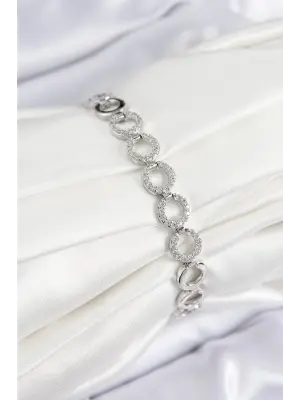 Pirinç Zirkon Taşlı Sıralı Halka Model Gümüş Renk Kadın Bileklik