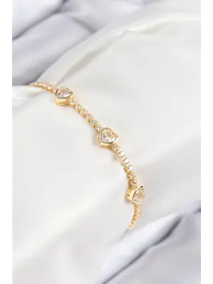 Pirinç Zirkon Taşlı Sıralı Kalp Model Gold Renk Kadın Bileklik