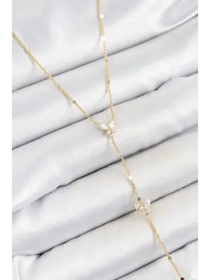 Pirinç Zirkon Taşlı Sıralı Kelebek Figürlü Y Model Gold Renk Kadın Kolye