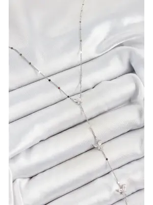 Pirinç Zirkon Taşlı Sıralı Kelebek Figürlü Y Model Gümüş Renk Kadın Kolye