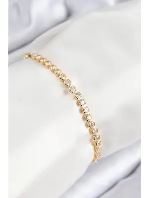 Pirinç Zirkon Taşlı Sıralı Model Gold Renk Asansörlü Kadın Bileklik