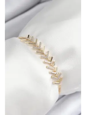 Pirinç Zirkon Taşlı Sıralı Ok Model Gold Renk Asansörlü Kadın Bileklik
