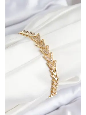 Pirinç Zirkon Taşlı Sıralı Ok Model Gold Renk Kadın Bileklik