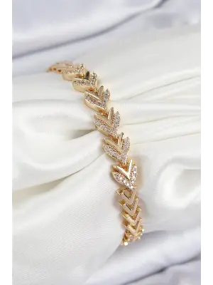 Pirinç Zirkon Taşlı Sıralı Ok Model Gold Renk Kadın Bileklik
