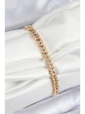 Pirinç Zirkon Taşlı Sıralı Yaprak Model Gold Renk Kadın Bileklik
