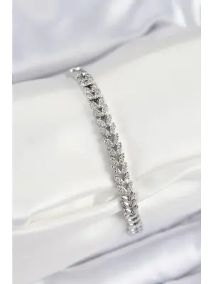 Pirinç Zirkon Taşlı Sıralı Yaprak Model Gümüş Renk Kadın Bileklik