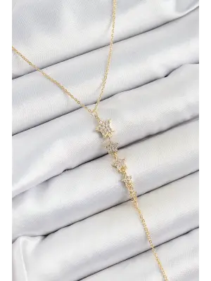 Pirinç Zirkon Taşlı Sıralı Yıldız Figürlü Y Model Gold Renk Kadın Kolye
