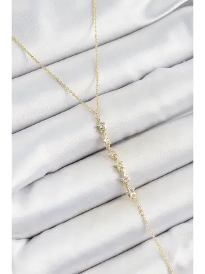 Pirinç Zirkon Taşlı Sıralı Yıldız Figürlü Y Model Gold Renk Kadın Kolye