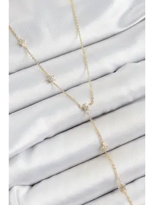 Pirinç Zirkon Taşlı Sıralı Yıldız Figürlü Y Model Gold Renk Kadın Kolye