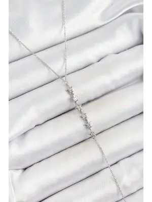 Pirinç Zirkon Taşlı Sıralı Yıldız Figürlü Y Model Gümüş Renk Kadın Kolye