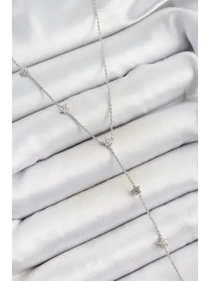 Pirinç Zirkon Taşlı Sıralı Yıldız Figürlü Y Model Gümüş Renk Kadın Kolye