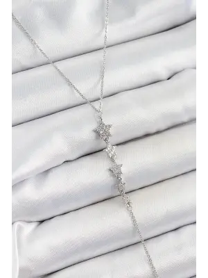 Pirinç Zirkon Taşlı Sıralı Yıldız Figürlü Y Model Gümüş Renk Kadın Kolye