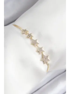 Pirinç Zirkon Taşlı Sıralı Yıldız Model Gold Renk Asansörlü Kadın Bileklik