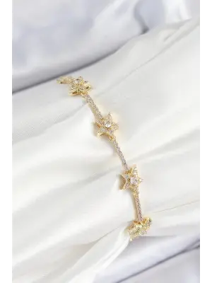 Pirinç Zirkon Taşlı Sıralı Yıldız Model Gold Renk Kadın Bileklik