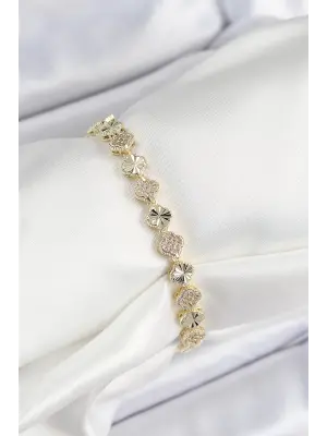 Pirinç Zirkon Taşlı Sıralı Yonca Model Gold Renk Kadın Bileklik