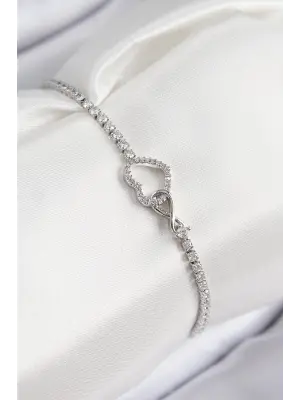 Pirinç Zirkon Taşlı Sonsuzluk Kalp Model Gümüş Renk Kadın Bileklik