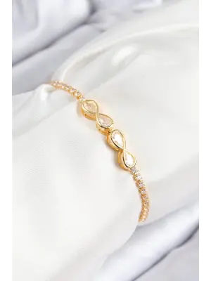 Pirinç Zirkon Taşlı Sonsuzluk Model Gold Renk Asansörlü Kadın Bileklik