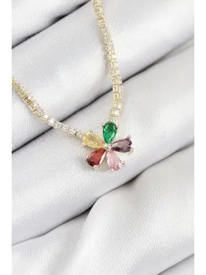Pirinç Zirkon Taşlı Su Yolu Asorti Çiçek Model Gold Renk Kadın Kolye
