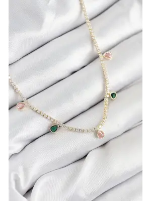Pirinç Zirkon Taşlı Su Yolu Damla Model Gold Renk Kadın Kolye