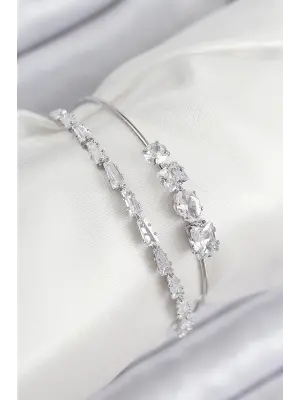 Pirinç Zirkon Taşlı Su Yolu Model Gümüş Renk Kadın Bileklik